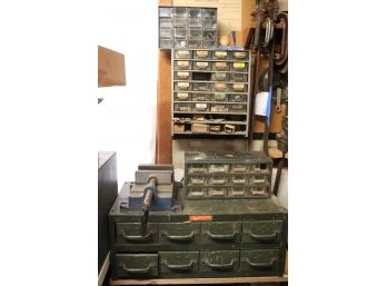 Vintage Metal Boxes With Large Assortment Of Screws & Washers And Eron Metal Clamp.