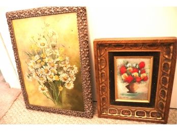 Two Floral Artwork Framed On Canvas & Enamel