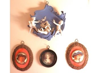 Group Of Miniature Portraits Of 19th Century Ladies & Bisque Wall Plaque With Cherubs