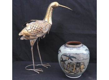 3.Gilt Metal Crane & Ceramic Vase With Asian Elephant.