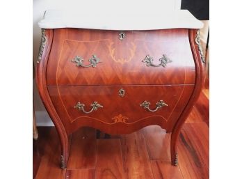 Lovely Marble Top Inlaid Wood Bombe Chest With 2 Drawers