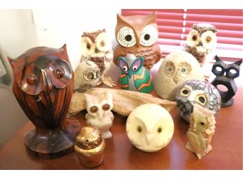 Lot Of 14 Vintage Owls Of Marble Wood & Ceramic