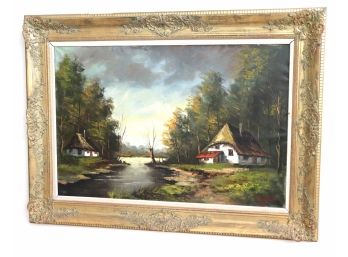 Vintage Oil Painting Of Cottages & Forest Pond Signed