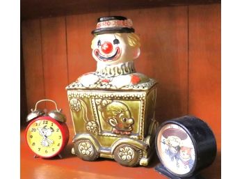 Vintage Clown Cookie Jar & 2 Vintage Wind Up Clocks - Buster Brown & Snoopy
