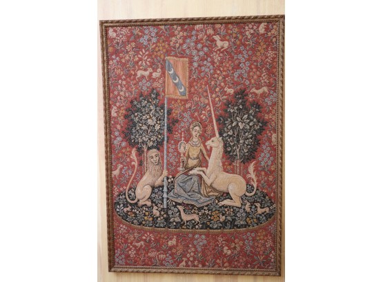 Lady And The Unicorn French Medieval Style Woven Tapestry In Vintage Frame