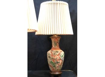 Pair Of Crackle Finish Hand Painted Porcelain Vase Table Lamps With Wood Bases