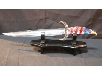 Glass Dagger With American Bald Eagle Handle In Red White & Blue On Stand