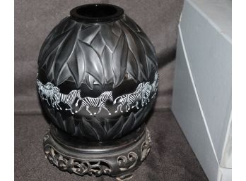 Vintage Lalique Black Zebra Vase With Original Box