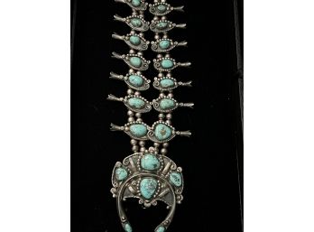 Fabulous Vintage Jimmy Long Sterling Silver & Turquoise Squash Blossom Necklace
