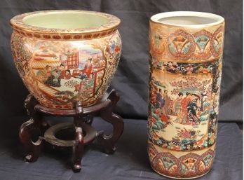 Pair Of Chinese Hand Painted Moriage Vessels  Umbrella Stand & Planter With Base