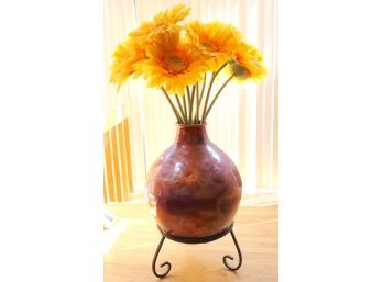 Unique Oversized Hammered Fire Glazed Vessel With Stand & Faux Sunflowers