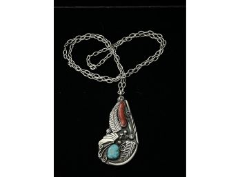 Large Sterling Silver Feather Pendant With Coral & Turquoise