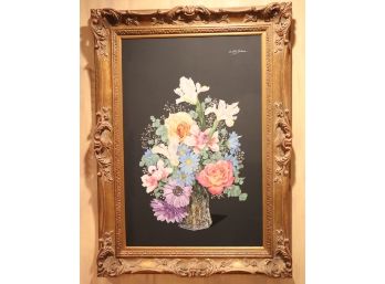 133.Charlotte Jackson Bouquet Painting On Matte Black Board In Ornate Gilded Frame