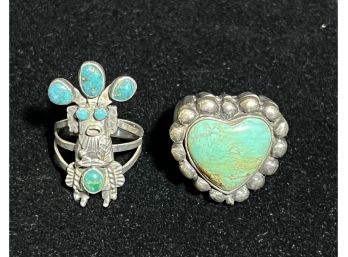 Vintage Pair Of Sterling Silver & Turquoise Rings