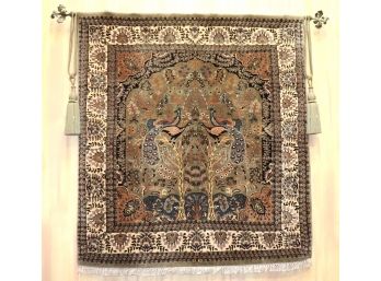 Exquisite Finely Hand Woven Indian Wool Area Rug Wall Hanging With Peacock Motif