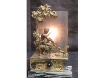 Antique Austrian Bronze Figural Table Lamp With Frosted Glass & Marble Base  Signed Namgreb