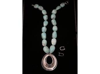 Turquoise Style Chunky Stone Necklace With Sterling Silver Pendant, Signed SSD(IMG_2047 To IMG_2051)