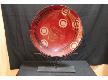 Red & Gold Back Painted Glass Disc With Black Metal Stand