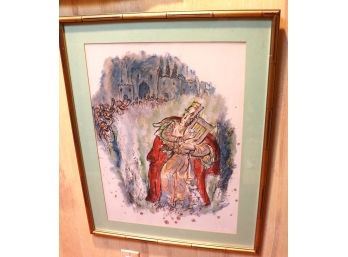 Signed Print Of King Moses With Harp In Gold Painted Bamboo Style Frame