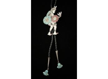 Sterling Silver & Leather Lariat Necklace With Turquoise, Coral & Mother Of Pearl Inlay Native American