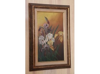 Colorful Bearded Iris Painting  Oil On Board With Antiqued Gilded Frame
