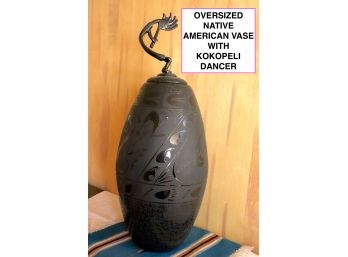 Amazing Oversized Native American Style Vase With Kokopelli Dancer, Signed Ben Saxon
