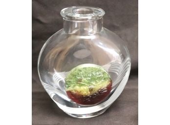 Vintage Daum France Crystal Clear Vase With Glass Medallion & Ribbed Bottom Wave