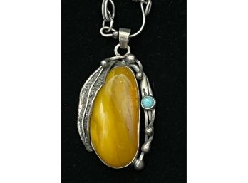 Unique Sterling Silver Necklace With Butterscotch Amber Pendant With Turquoise Accent