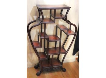 Unique Vintage Asian Inspired Carved Shelf Unit With Burl Wood Accents