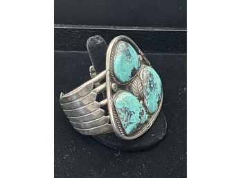 Substantial Triangular Sterling Silver Turquoise Open Back Cuff Bracelet