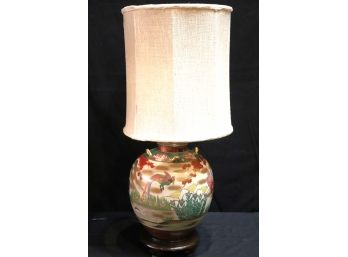 Asian Porcelain Ginger Jar Table Lamp With Carved Wood Base