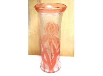 Vintage Cameo Glass Vase In Clear Frosted & Rosey Peach