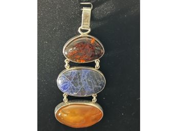 Stunning Large Sterling Silver Pendant With 2 Varieties Of Amber & Blue Sodalite Stones