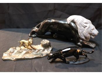 Black Ceramic Lion Sculpture, Faceted Black Cheetah, & Cast Brass Ink Holder