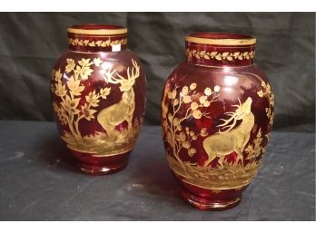Pair Of Signed Karlsbad Rose Colored Glass Vases With Gold Embellished Reliefs