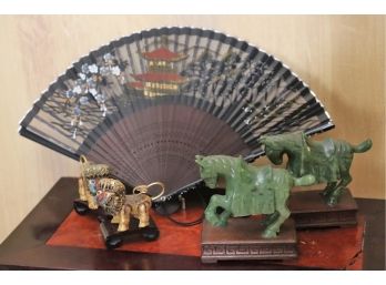 Pair Of Cloisonn & Brass Lions, Pair Of Jade Style Horses & Finely Hand Painted Fan