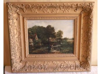 Antique Oil On Canvas In Antique Gold Painted Wood Frame