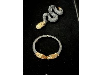 Alexis Bittar Costume Jewelry With Serpent Design Goldtone Bracelet & Matching Broach/Pin