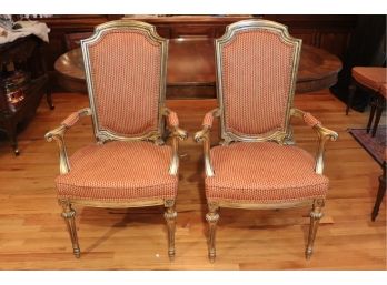 Pair Of Upholstered Louis XVI Style Dining Armchairs In Gilded Finish