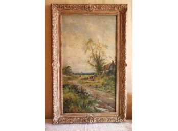 Classic Landscape Oil On Canvas In Ornate Gilt Gesso & Wood Frame