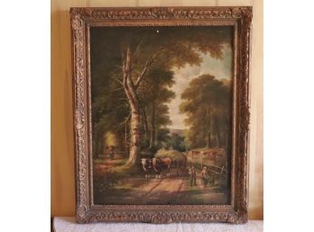 Vintage Pastoral Landscape Signed Oil On Canvas Painting With Gilt Gesso Frame