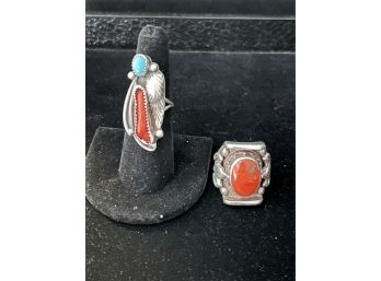 Pair Of Unique Southwestern Style Sterling Silver Rings With Coral Stones