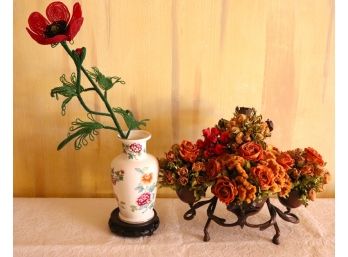 Metal Centerpiece With Dried Floral Arrangement, Glass Beaded Flower & Vase