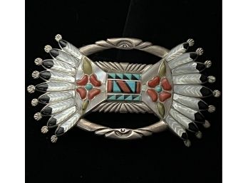 Gorgeous SouthWestern Tribal Style Sterling Silver & Precious Stone Belt Buckle Native American
