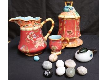 Tracy Porter Hand Painted Pottery & Collection Of Geode Eggs And Handblown Glass Bird