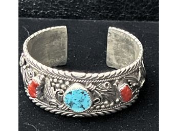 Attractive Sterling Silver Turquoise & Coral Highly Detailed Open Back Cuff Bracelet