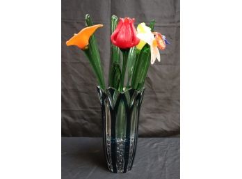 10 Hand Blown Art Glass Flowers In Caesar Crystal Bohemiae Czech Republic Vase