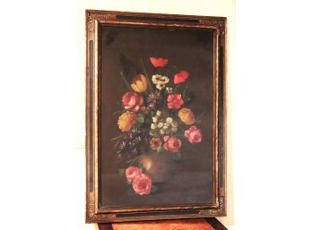 Antique Bouquet Oil On Board Painting In Antique Frame