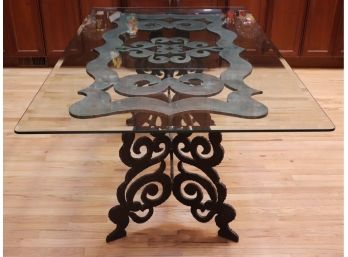 Art Nouveau Style Ornate Cast Iron Base With Rectangular Beveled Glass Tabletop Table