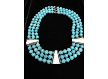 Sterling Silver & Turquoise Triple Strand Beaded Necklace, Signed SSD